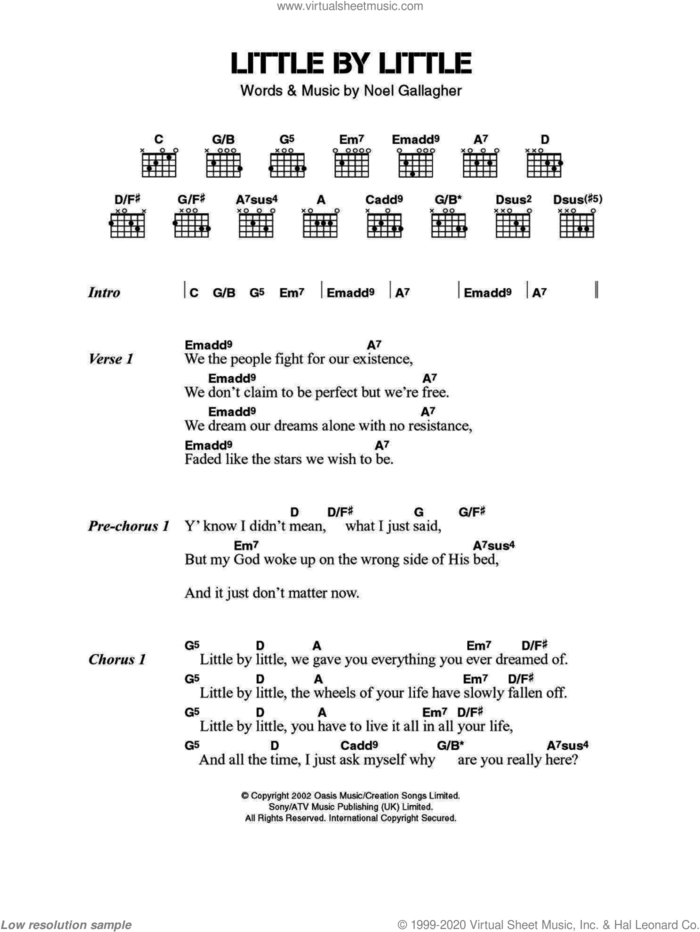 Little By Little sheet music for guitar (chords) by Oasis and Noel Gallagher, intermediate skill level