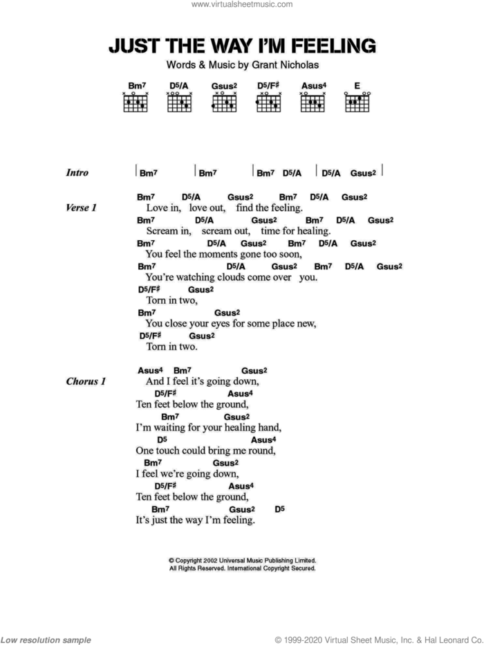 Just The Way I'm Feeling sheet music for guitar (chords) by Feeder and Grant Nicholas, intermediate skill level