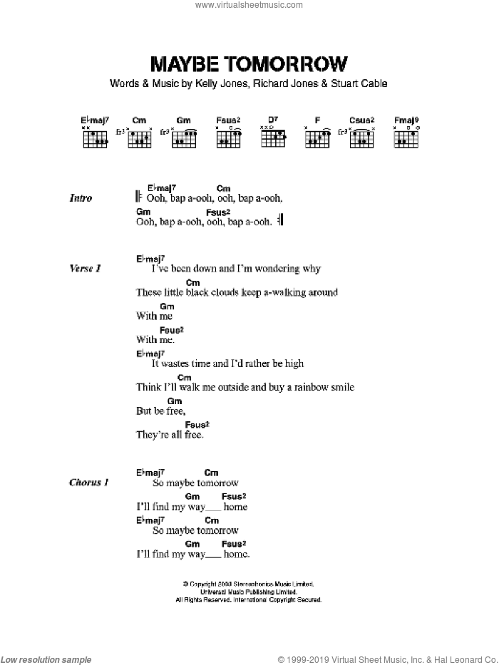 Maybe Tomorrow sheet music for guitar (chords) by Stereophonics, Kelly Jones, RICHARD JONES and Stuart Cable, intermediate skill level