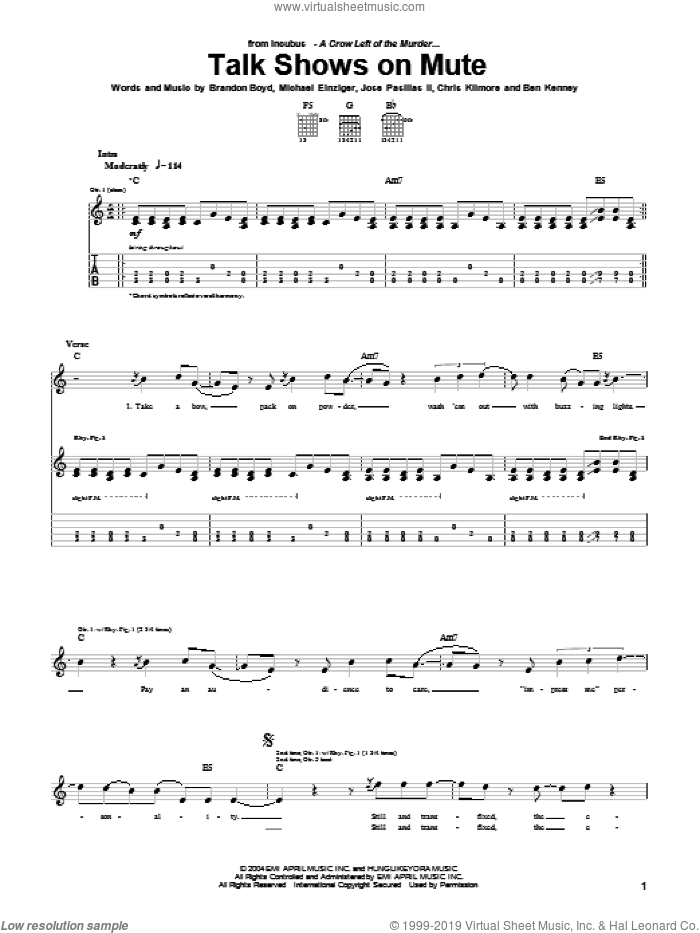 Talk Shows On Mute sheet music for guitar (tablature) by Incubus, Brandon Boyd, Jose Pasillas II and Michael Einziger, intermediate skill level