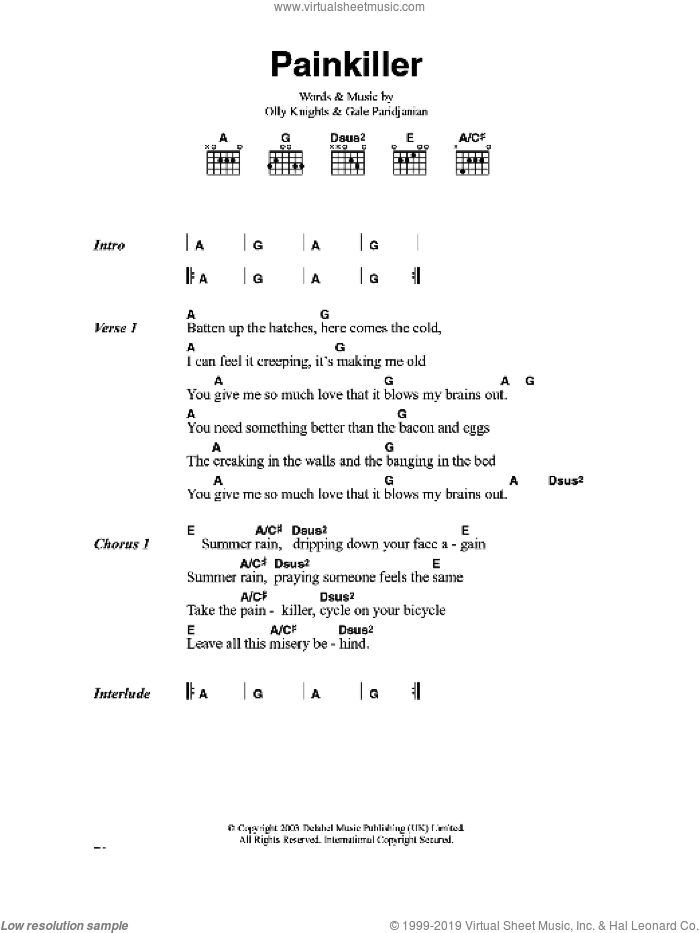 Pain Killer sheet music for guitar (chords) by Turin Brakes, Gale Paridjanian and Olly Knights, intermediate skill level