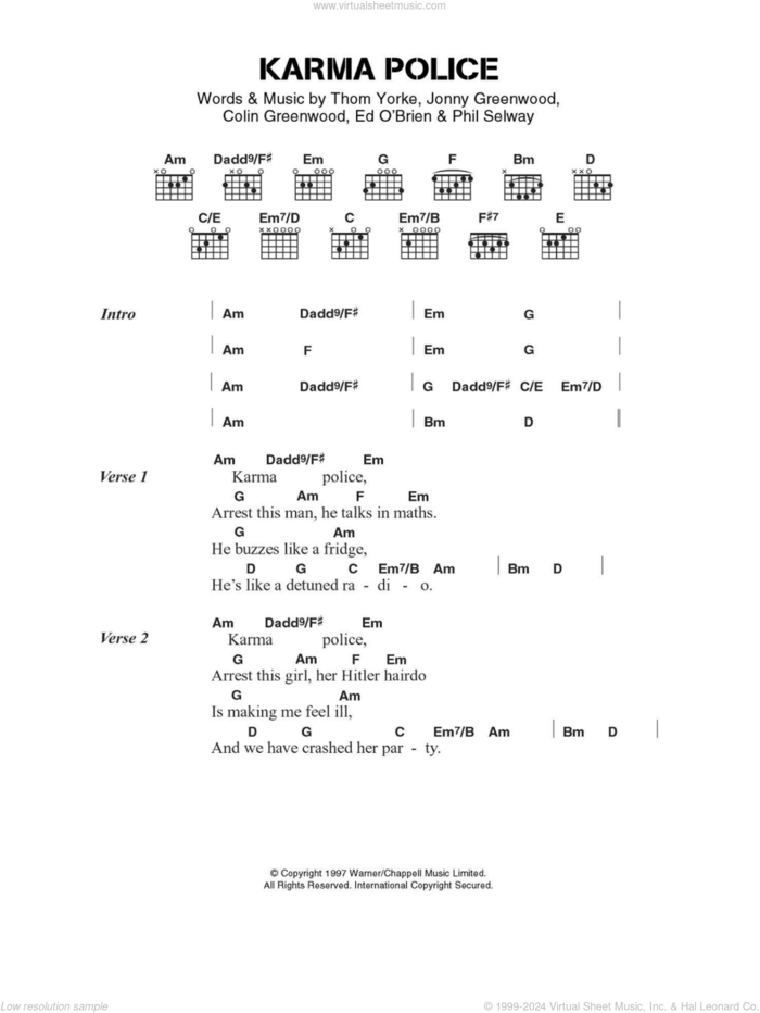 Karma Police sheet music for guitar (chords) by Radiohead, Colin Greenwood, Jonny Greenwood, Phil Selway and Thom Yorke, intermediate skill level