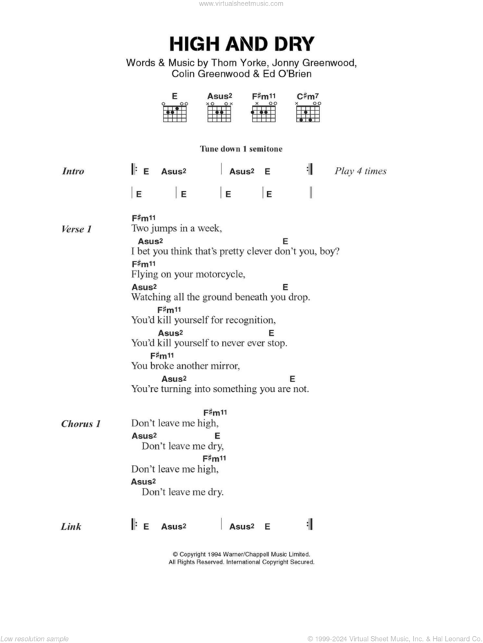 High And Dry sheet music for guitar (chords) by Radiohead, Colin Greenwood, Jonny Greenwood and Thom Yorke, intermediate skill level