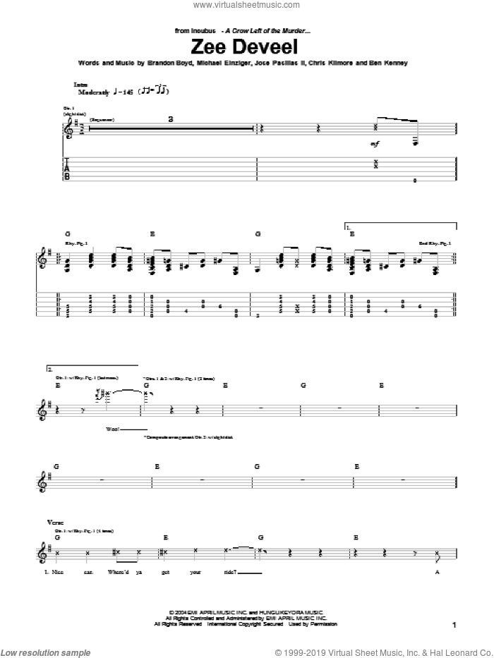 Zee Deveel sheet music for guitar (tablature) by Incubus, Brandon Boyd, Jose Pasillas II and Michael Einziger, intermediate skill level