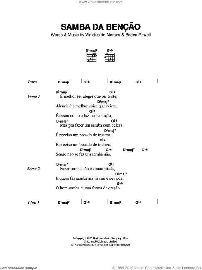 Samba da Bencao sheet music for guitar (chords) by Bebel Gilberto, Baden Powell and Vinicius de Moraes, intermediate skill level