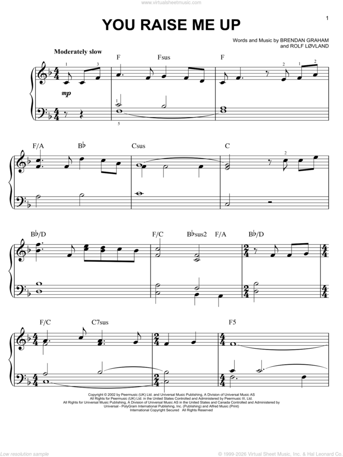 You Raise Me Up sheet music for piano solo by Josh Groban, Secret Garden, Brendan Graham and Rolf Lovland, wedding score, easy skill level