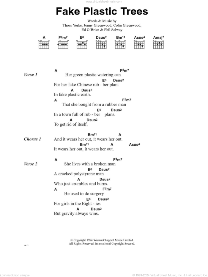 Fake Plastic Trees sheet music for guitar (chords) by Radiohead, Colin Greenwood, Jonny Greenwood, Phil Selway and Thom Yorke, intermediate skill level