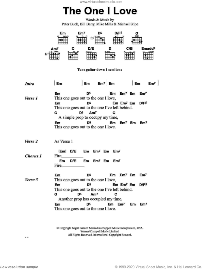 The One I Love sheet music for guitar (chords) by R.E.M., Bill Berry, Michael Stipe, Mike Mills and Peter Buck, intermediate skill level