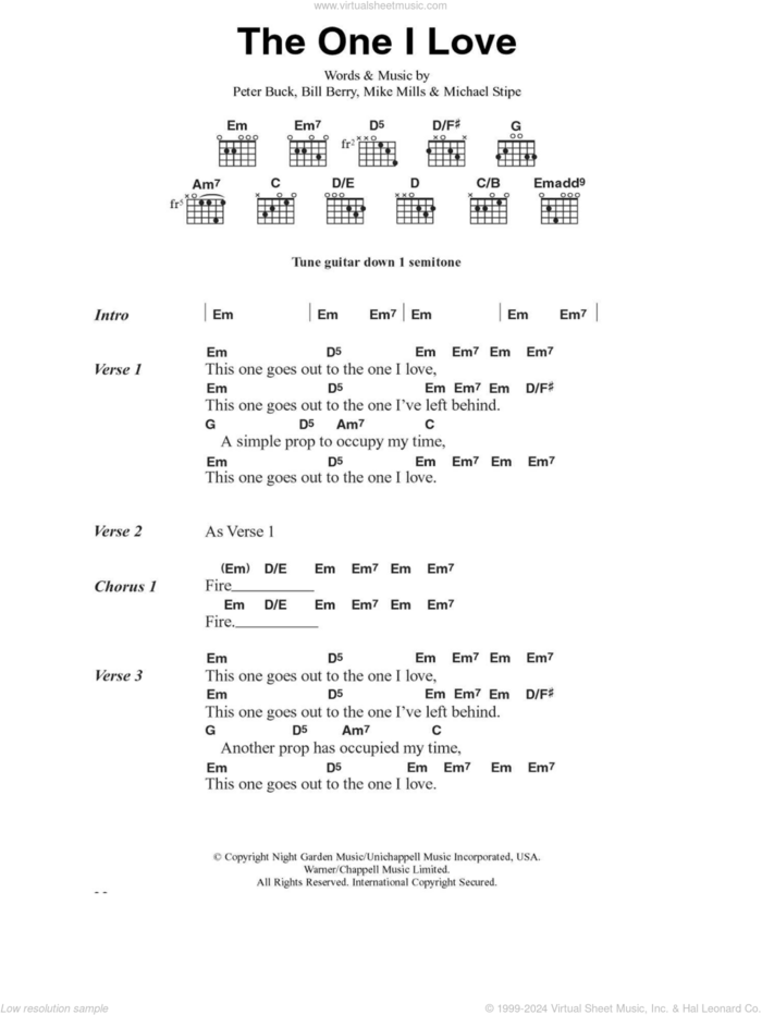 The One I Love sheet music for guitar (chords) by R.E.M., Bill Berry, Michael Stipe, Mike Mills and Peter Buck, intermediate skill level