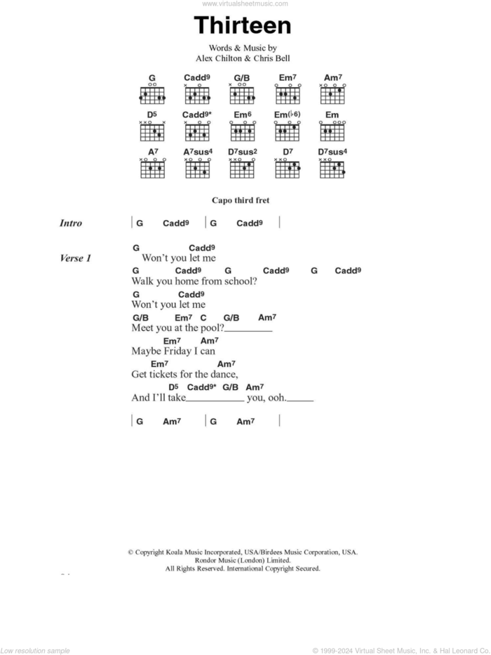 Thirteen sheet music for guitar (chords) by Big Star, Alex Chilton and Chris Bell, intermediate skill level