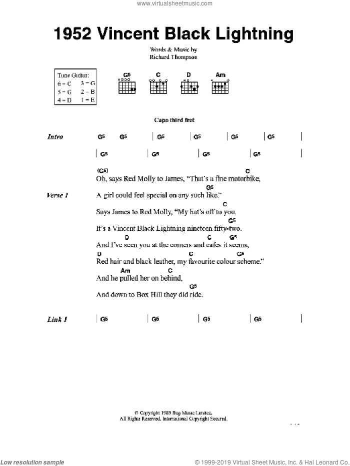 1952 Vincent Black Lightning sheet music for guitar (chords) by Richard Thompson, intermediate skill level