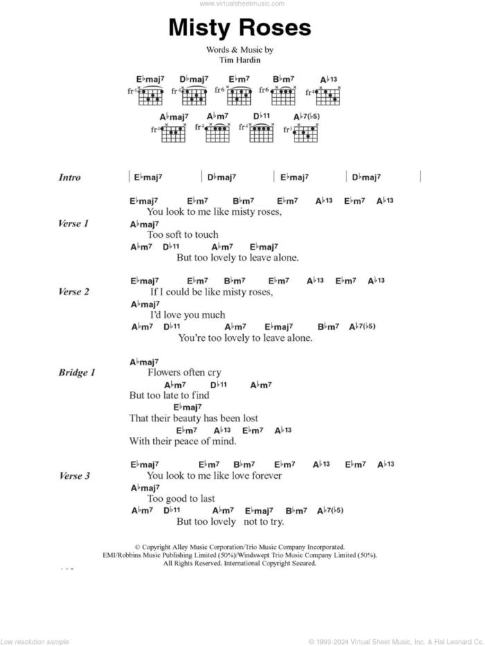 Misty Roses sheet music for guitar (chords) by Colin Blunstone and Tim Hardin, intermediate skill level