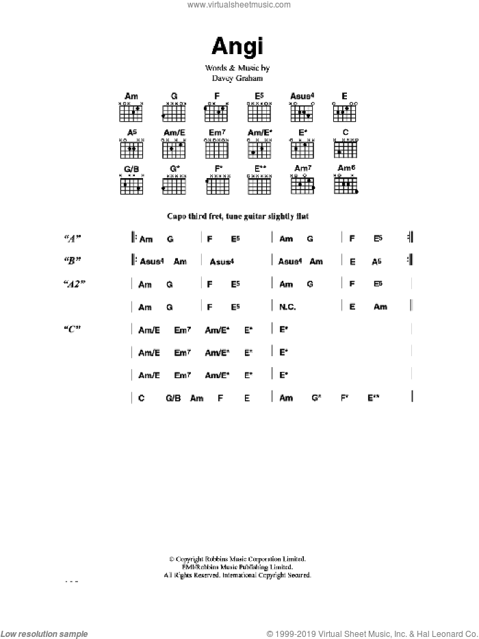 Angi sheet music for guitar (chords) by Davey Graham, intermediate skill level