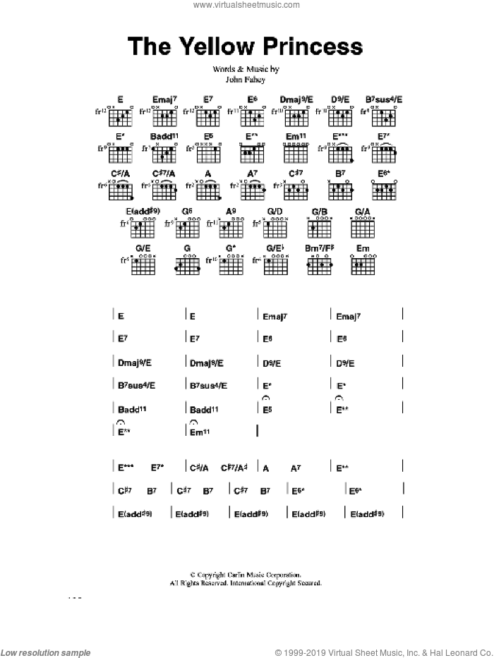 The Yellow Princess sheet music for guitar (chords) by John Fahey, intermediate skill level