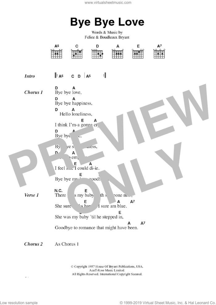 Bye Bye Love sheet music for guitar (chords) by The Everly Brothers, Everly Brothers, Boudleaux Bryant and Felice Bryant, intermediate skill level