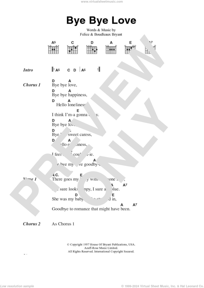 Bye Bye Love sheet music for guitar (chords) by The Everly Brothers, Everly Brothers, Boudleaux Bryant and Felice Bryant, intermediate skill level