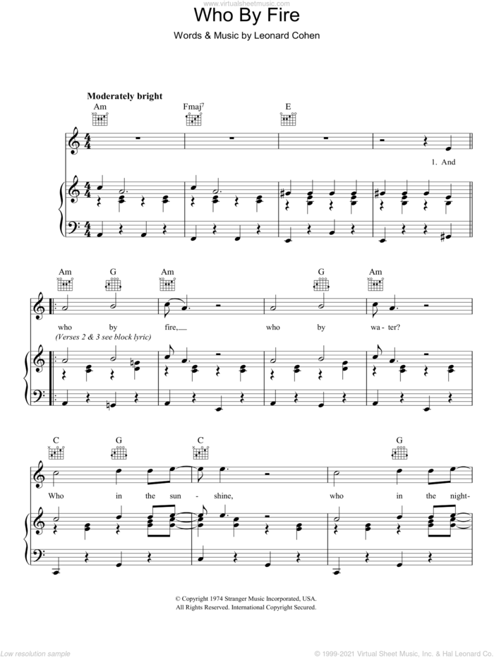 Who By Fire sheet music for voice, piano or guitar by Leonard Cohen, intermediate skill level