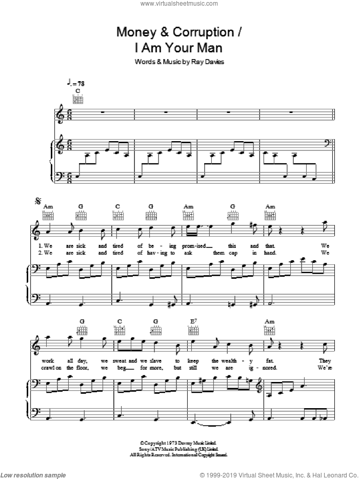 Money and Corruption / I Am Your Man sheet music for voice, piano or guitar by The Kinks and Ray Davies, intermediate skill level