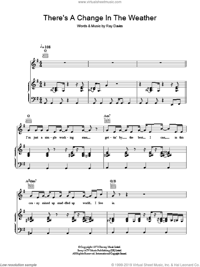 There's A Change In The Weather sheet music for voice, piano or guitar by The Kinks and Ray Davies, intermediate skill level