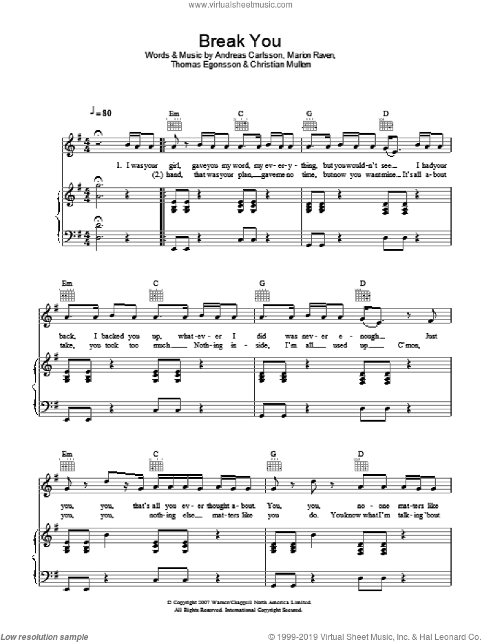 Break You sheet music for voice, piano or guitar by Marion Raven, Andreas Carlsson, Christian Mullern and Thomas Egonsson, intermediate skill level
