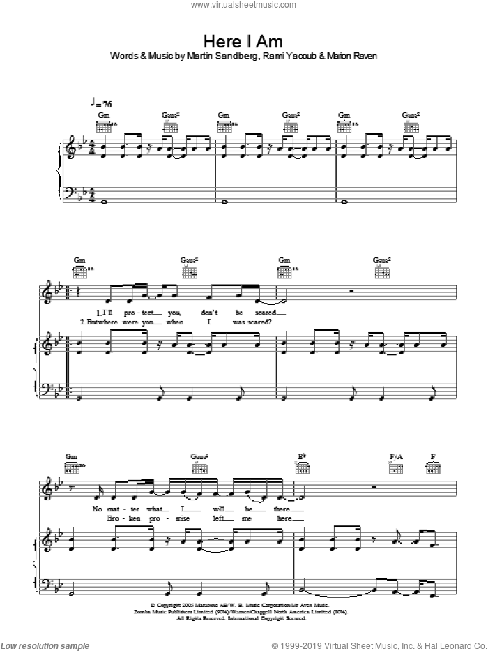 Here I Am sheet music for voice, piano or guitar by Marion Raven, Martin Sandberg and Rami, intermediate skill level