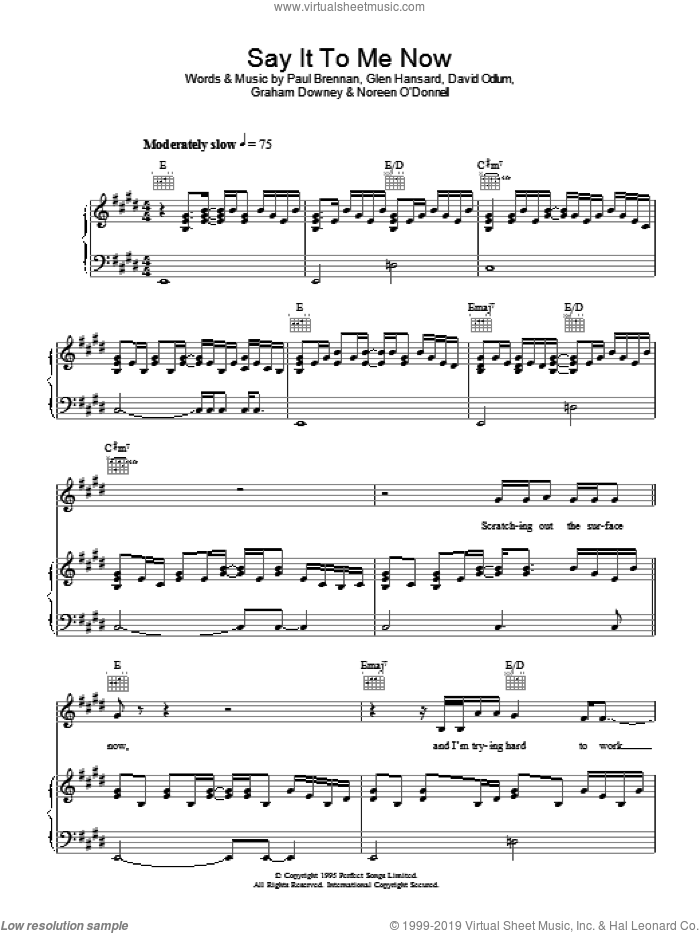 Say It To Me Now (from Once) sheet music for voice, piano or guitar by Glen Hansard, David Odlum, Graham Downey and Paul Brennan, intermediate skill level