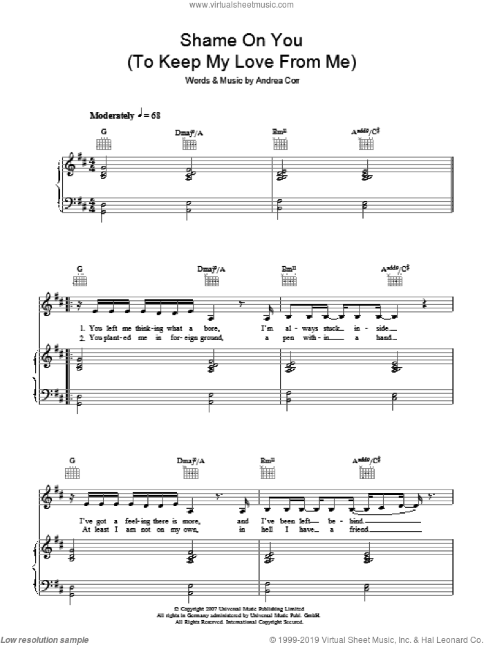 Shame On You (To Keep My Love From Me) sheet music for voice, piano or guitar by Andrea Corr, intermediate skill level