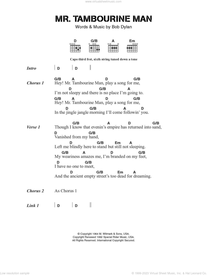 Mr. Tambourine Man sheet music for guitar (chords) by Bob Dylan, intermediate skill level