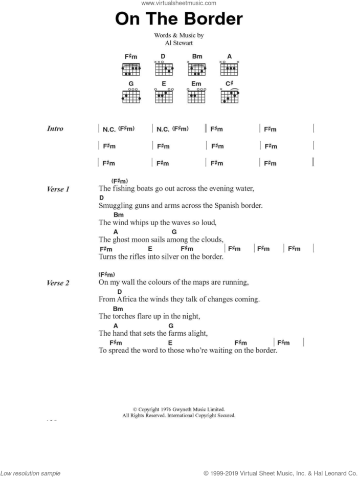 On The Border sheet music for guitar (chords) by Al Stewart, intermediate skill level