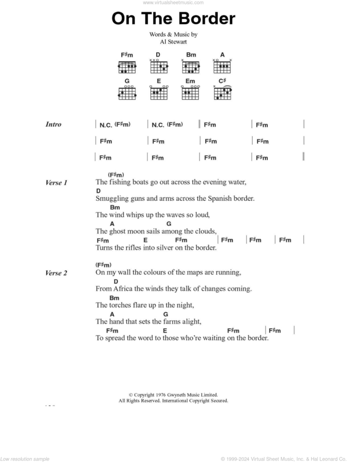 On The Border sheet music for guitar (chords) by Al Stewart, intermediate skill level