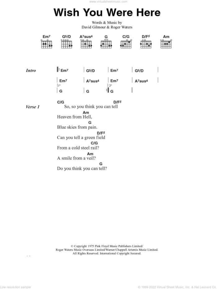 Wish You Were Here sheet music for guitar (chords) by Pink Floyd, David Gilmour and Roger Waters, intermediate skill level