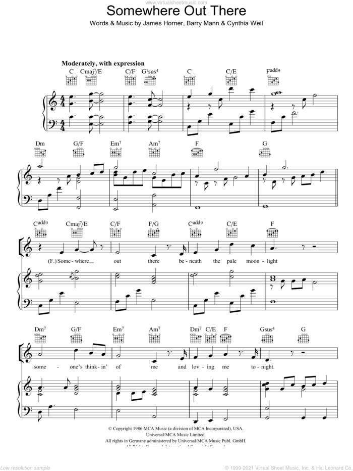 Somewhere Out There sheet music for voice, piano or guitar by James Horner, James Ingram, Linda Ronstadt, Linda Ronstadt & James Ingram, Barry Mann and Cynthia Weil, intermediate skill level