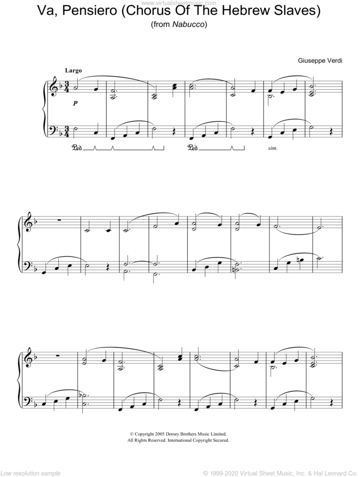 Va, Pensiero (Chorus Of The Hebrew Slaves) (from Nabucco), (easy) sheet music for piano solo by Giuseppe Verdi, classical score, easy skill level