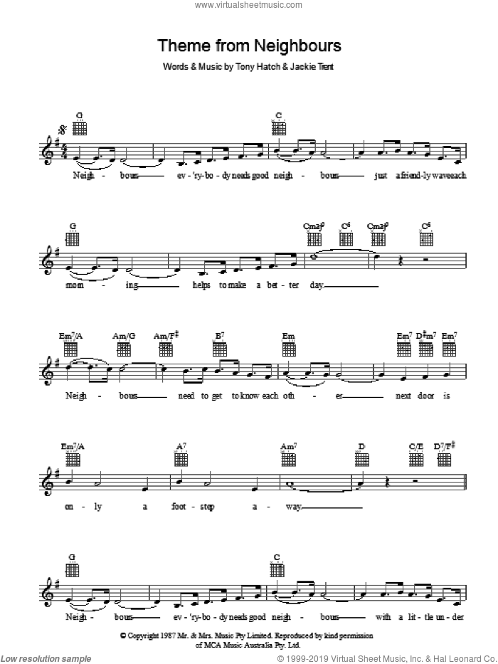 Theme From Neighbours sheet music for voice and other instruments (fake book) by Tony Hatch and Jackie Trent, intermediate skill level