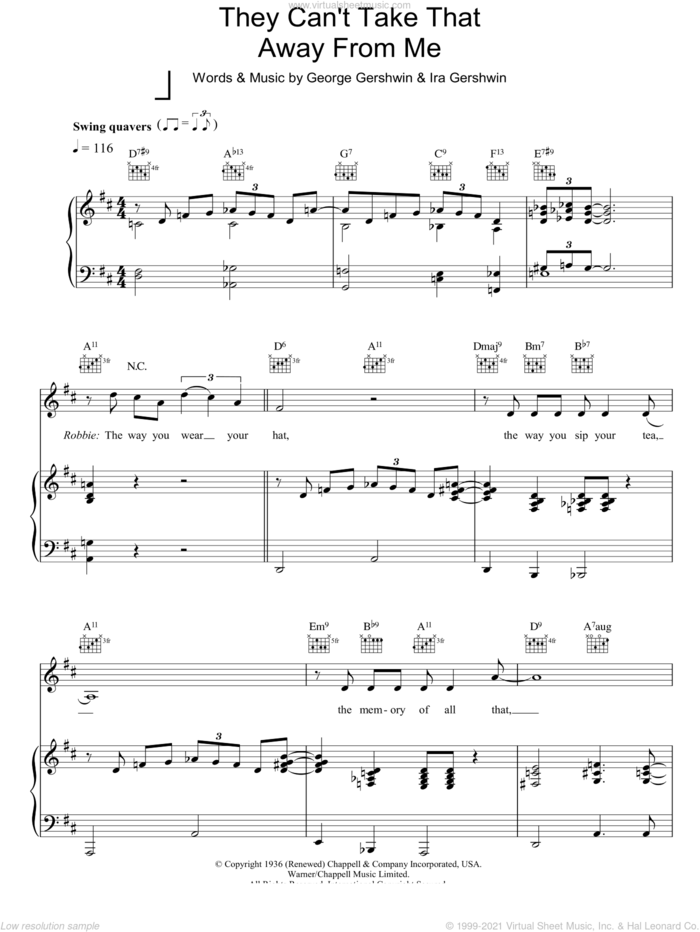 They Can't Take That Away From Me sheet music for voice, piano or guitar by Robbie Williams, George Gershwin and Ira Gershwin, intermediate skill level