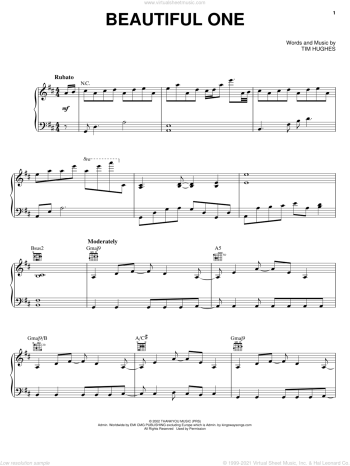 Beautiful One sheet music for voice, piano or guitar by Jeremy Camp, By The Tree and Tim Hughes, intermediate skill level