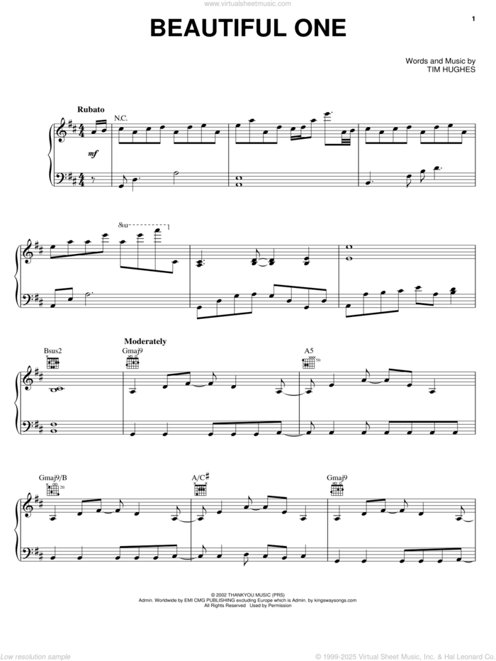 Beautiful One sheet music for voice, piano or guitar by Jeremy Camp, By The Tree and Tim Hughes, intermediate skill level