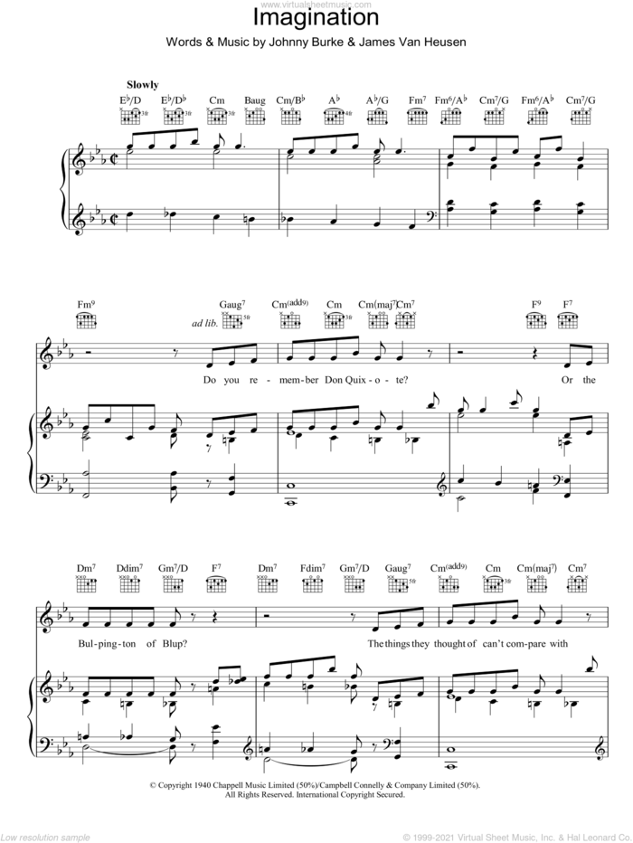 Imagination sheet music for voice, piano or guitar by Jimmy Van Heusen and John Burke, intermediate skill level