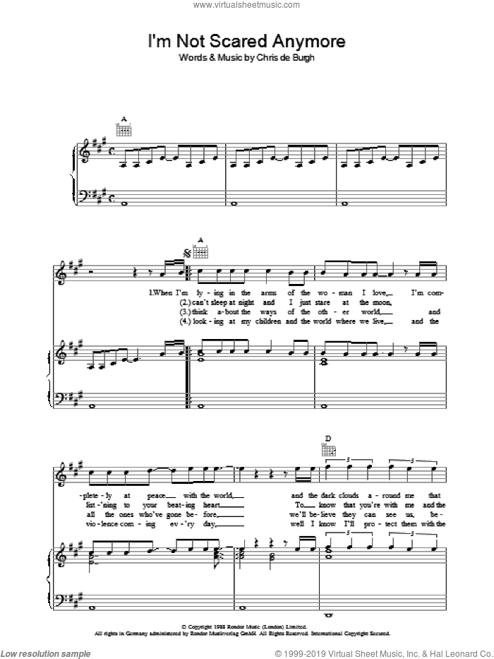 I'm Not Scared Anymore sheet music for voice, piano or guitar by Chris de Burgh, intermediate skill level