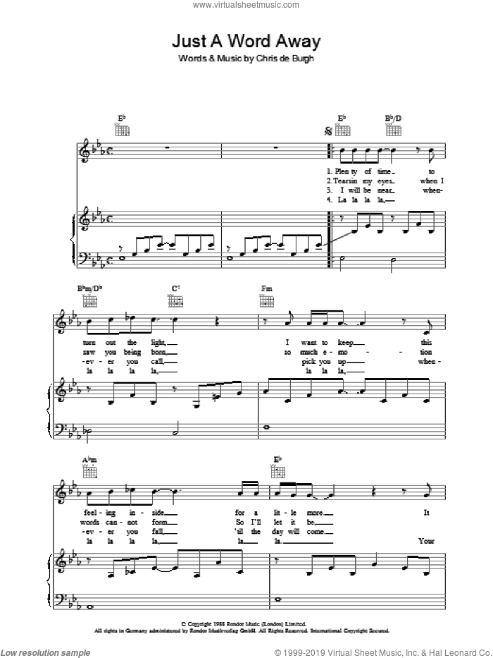 Just A Word Away sheet music for voice, piano or guitar by Chris de Burgh, intermediate skill level