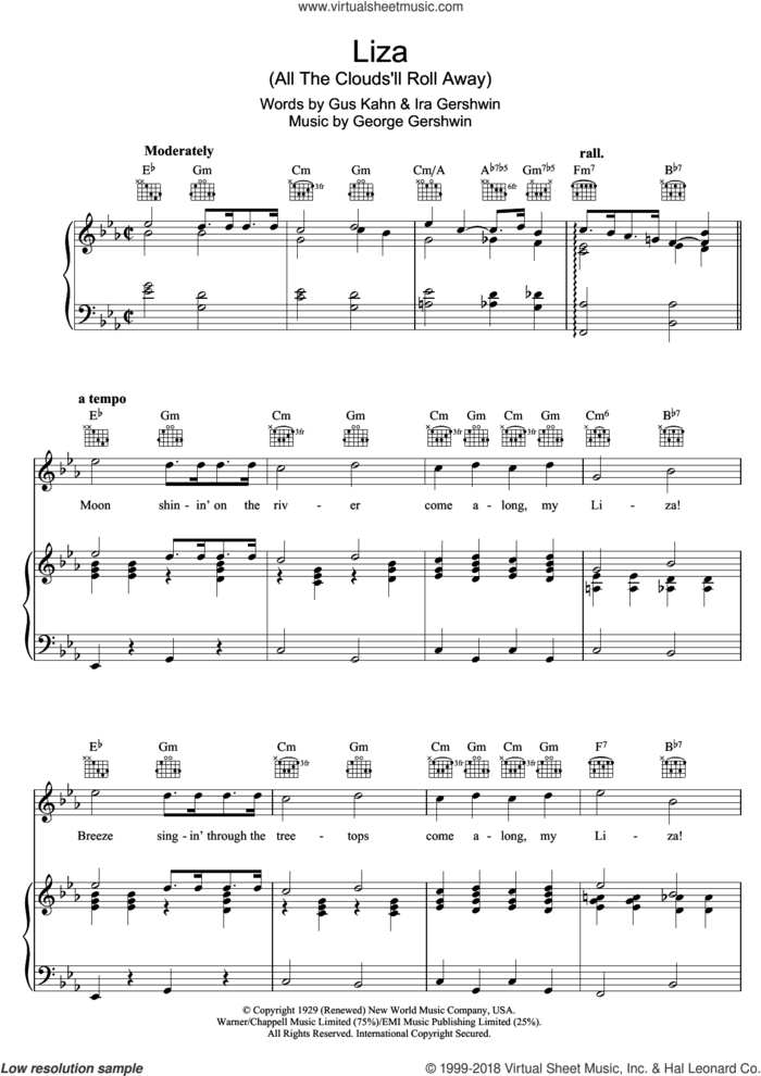 Liza (All The Clouds'll Roll Away) sheet music for voice, piano or guitar by George Gershwin, Gus Kahn and Ira Gershwin, intermediate skill level