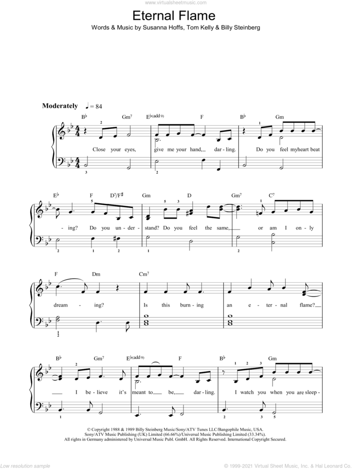 Eternal Flame sheet music for piano solo by The Bangles, Billy Steinberg, Susanna Hoffs and Tom Kelly, easy skill level