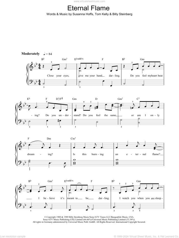 Eternal Flame sheet music for piano solo by The Bangles, Billy Steinberg, Susanna Hoffs and Tom Kelly, easy skill level