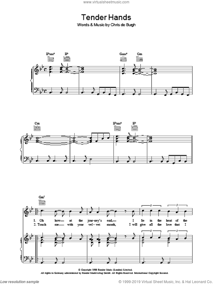Tender Hands sheet music for voice, piano or guitar by Chris de Burgh, intermediate skill level