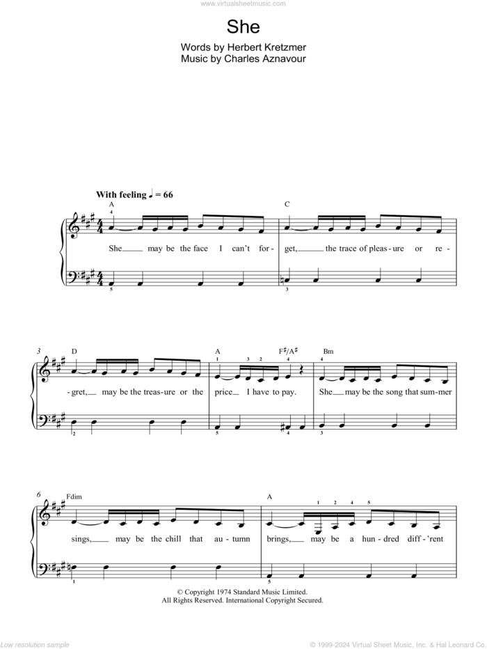 She, (easy) sheet music for piano solo by Elvis Costello, Charles Aznavour and Herbert Kretzmer, easy skill level