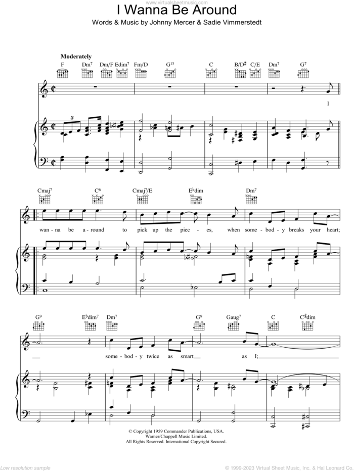 I Wanna Be Around sheet music for voice, piano or guitar by Johnny Mercer and Sadie Vimmerstedt, intermediate skill level