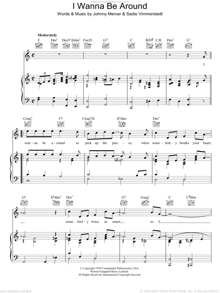 I Wanna Be Around sheet music for voice, piano or guitar by Johnny Mercer and Sadie Vimmerstedt, intermediate skill level