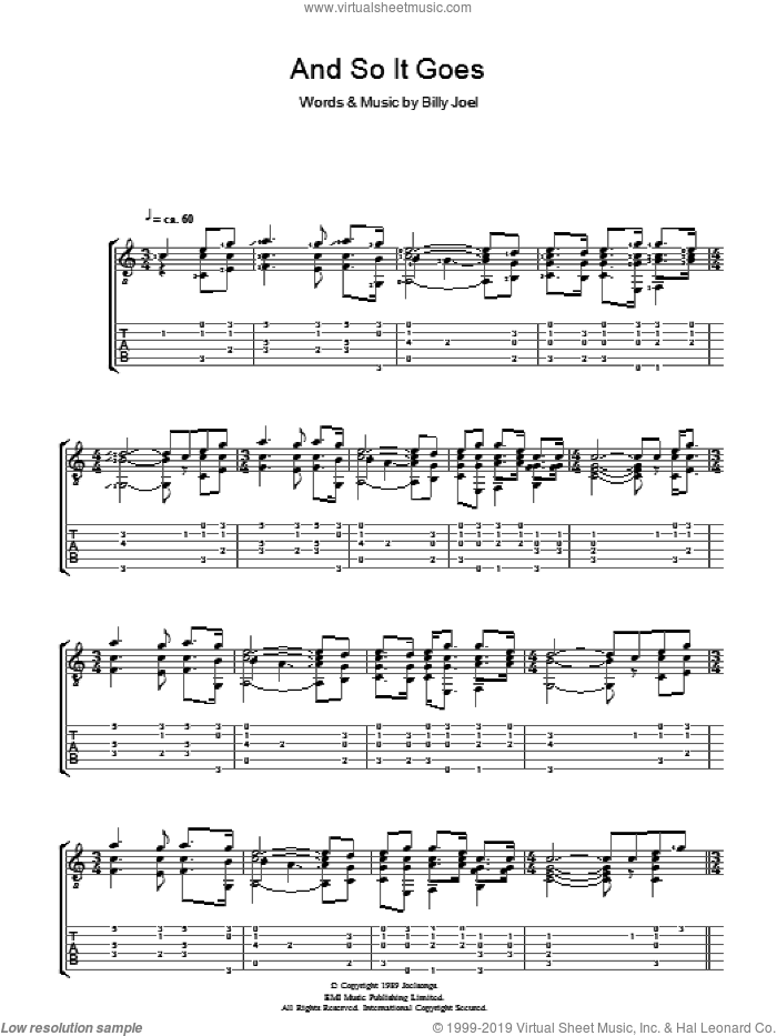 And So It Goes sheet music for guitar (tablature) by Billy Joel, intermediate skill level