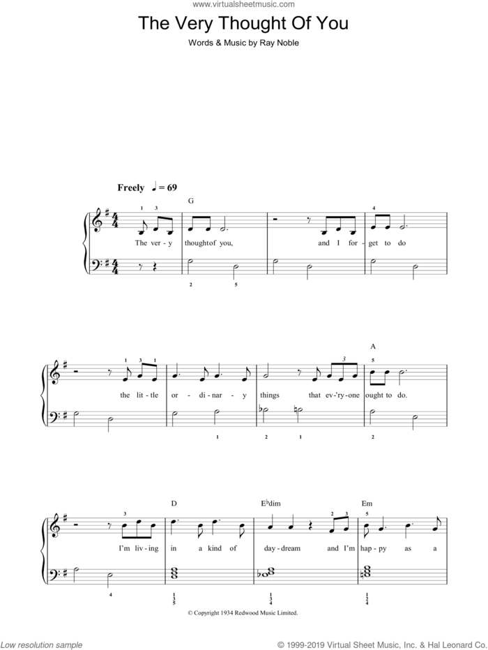 The Very Thought Of You sheet music for piano solo by Frank Sinatra and Ray Noble, easy skill level