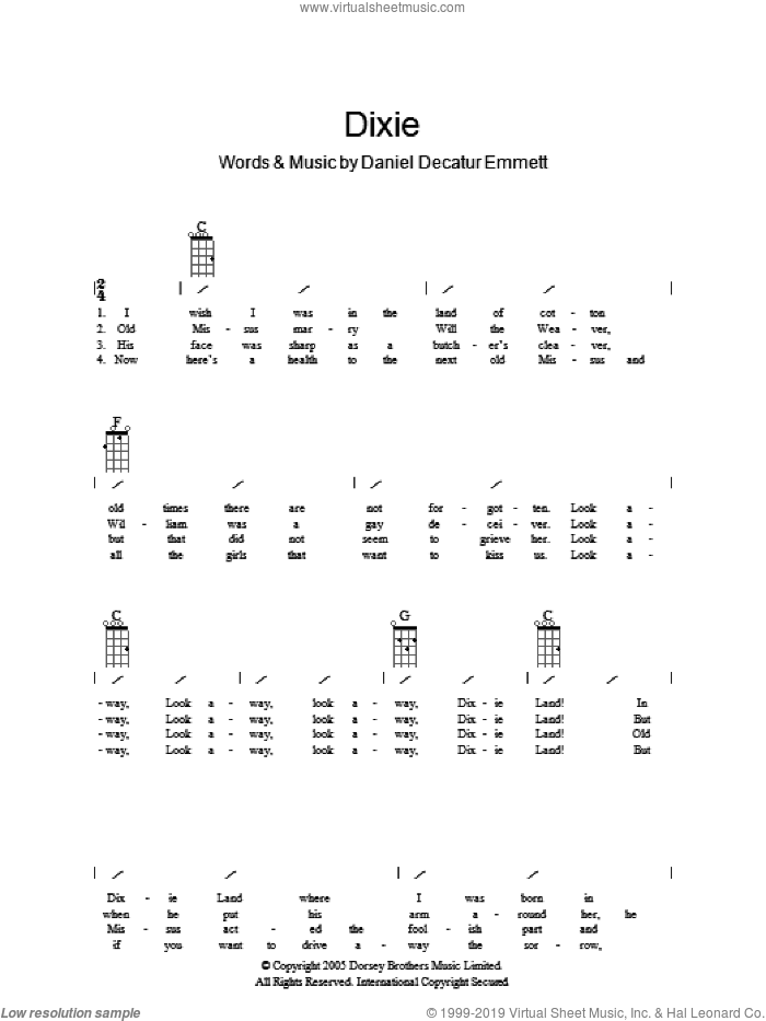 (I Wish I Was In) Dixie sheet music for guitar (chords) by Daniel Decatur Emmett and Miscellaneous, intermediate skill level